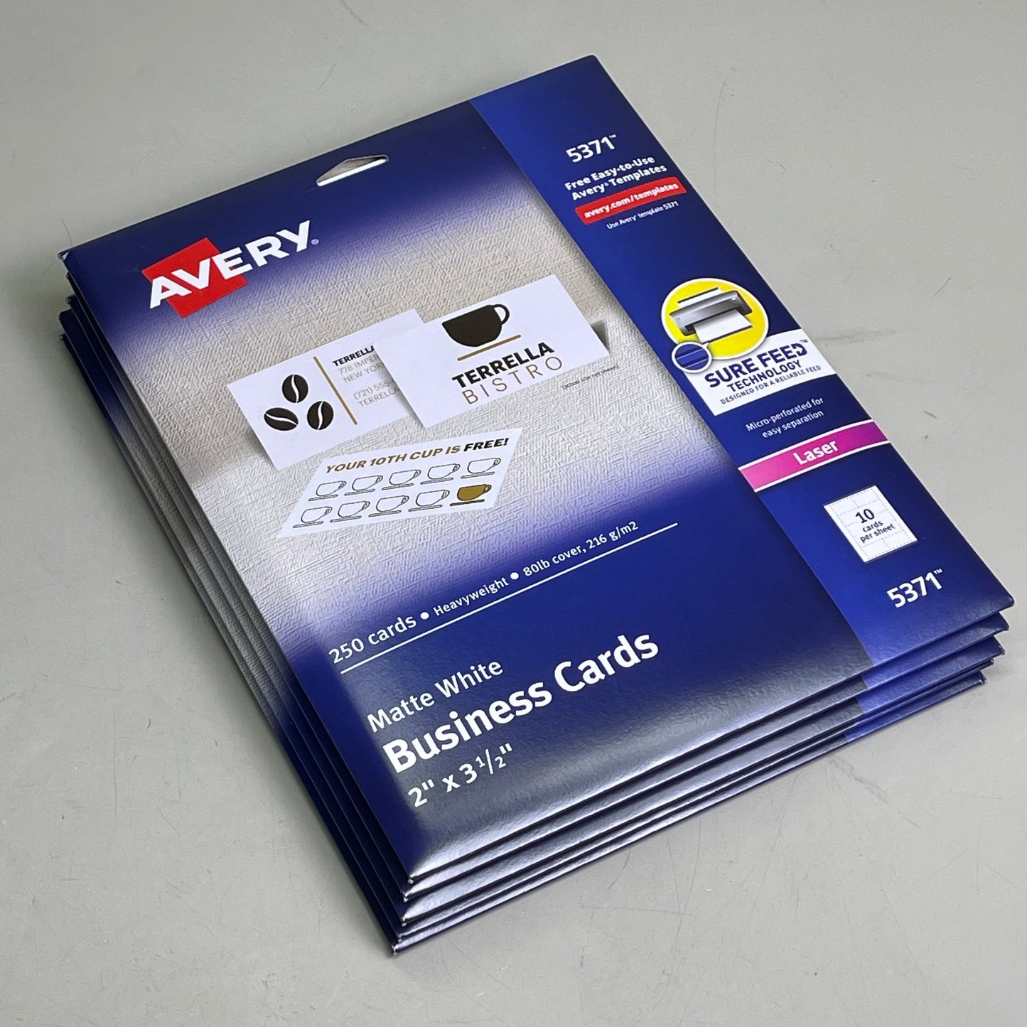 AVERY (5-PACK) 250 Business Cards Matte White Sure Feed Printable 2"x3-1/2" 5371