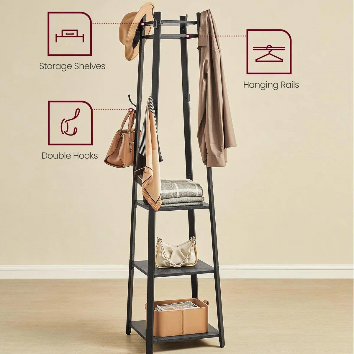 Modern Farmhouse Black Metal Coat Rack Entryway Hall Tree with Grey Wood Shelves