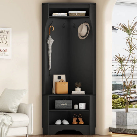 Modern Black Corner Hall Tree Coat Rack Entryway Storage Cabinet Shoe Bench