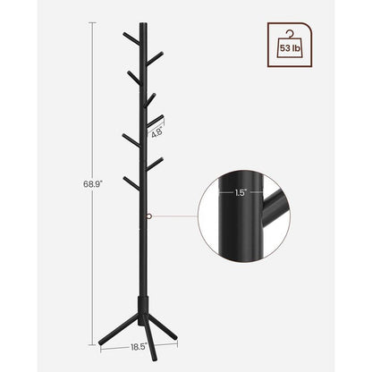 Modern Solid Wood Coat Rack in Black Finish with 8 Hanging Hooks