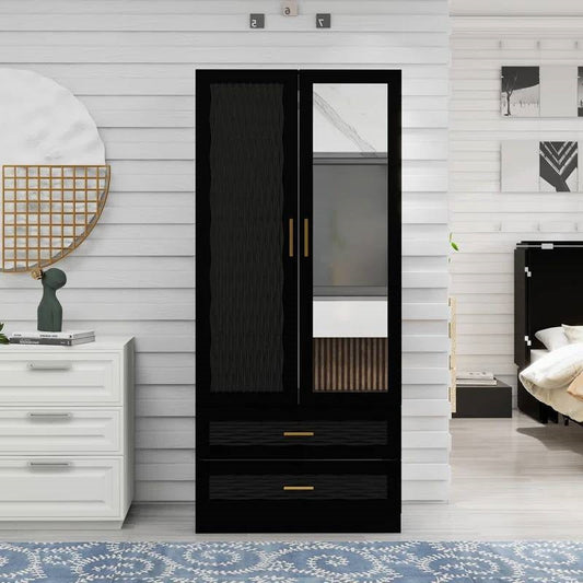 Black Wardrobe Armoire Cabinet with Mirror Hanging Rod and Storage Drawers
