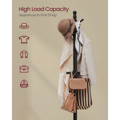 Solid Wood Coat Rack with 10 Hooks in Black Finish