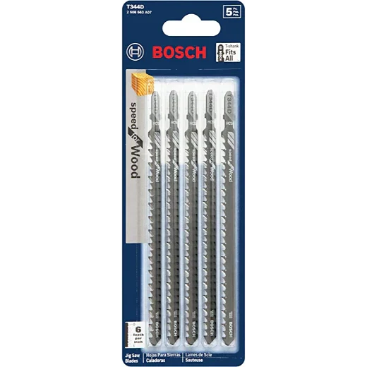 BOSCH T344D 5-Piece 6 In. 6 TPI Speed for Wood T-Shank Jig Saw Blades