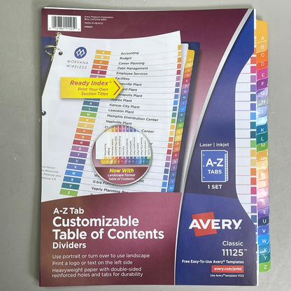 AVERY (12-PACK) A-Z Tab Dividers Customizable TOC Ready Index Multicolor 11125