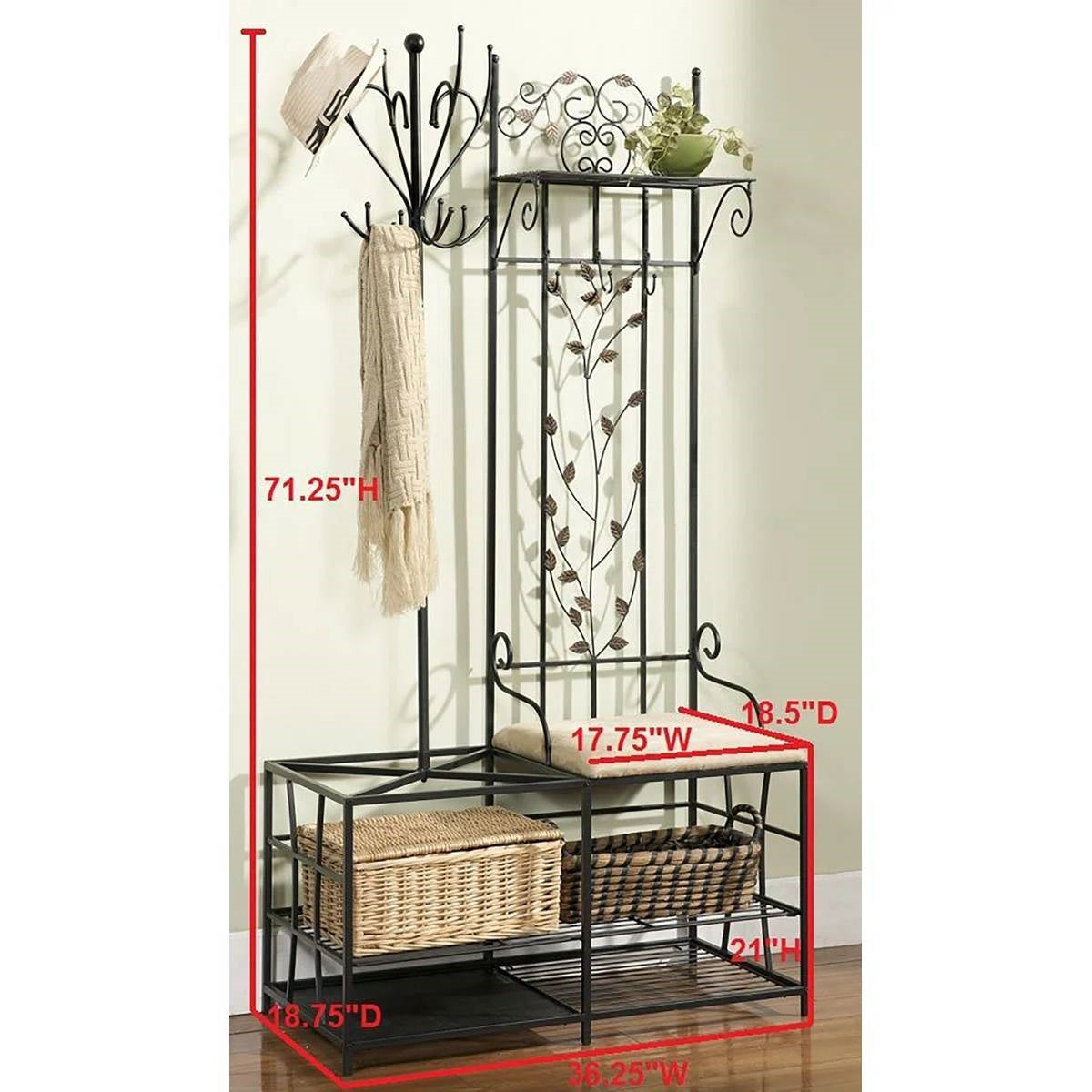 Entryway Hall Tree Coat Rack Storage Bench with Scrolling Leaves Scrollwork