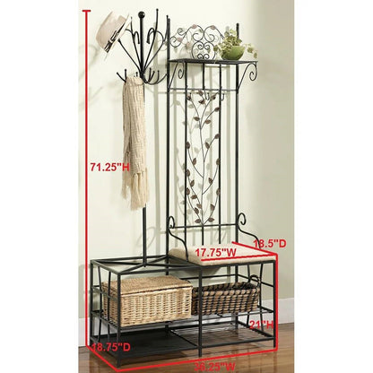 Entryway Hall Tree Coat Rack Storage Bench with Scrolling Leaves Scrollwork