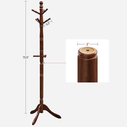 Adjustable Height Solid Wood Coat Rack with 10 Hooks in Dark Brown Finish