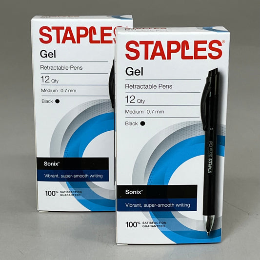 STAPLES (2 PACK, 12 EACH) Sonix Retractable Gel Pens Medium Point 0.7mm Black