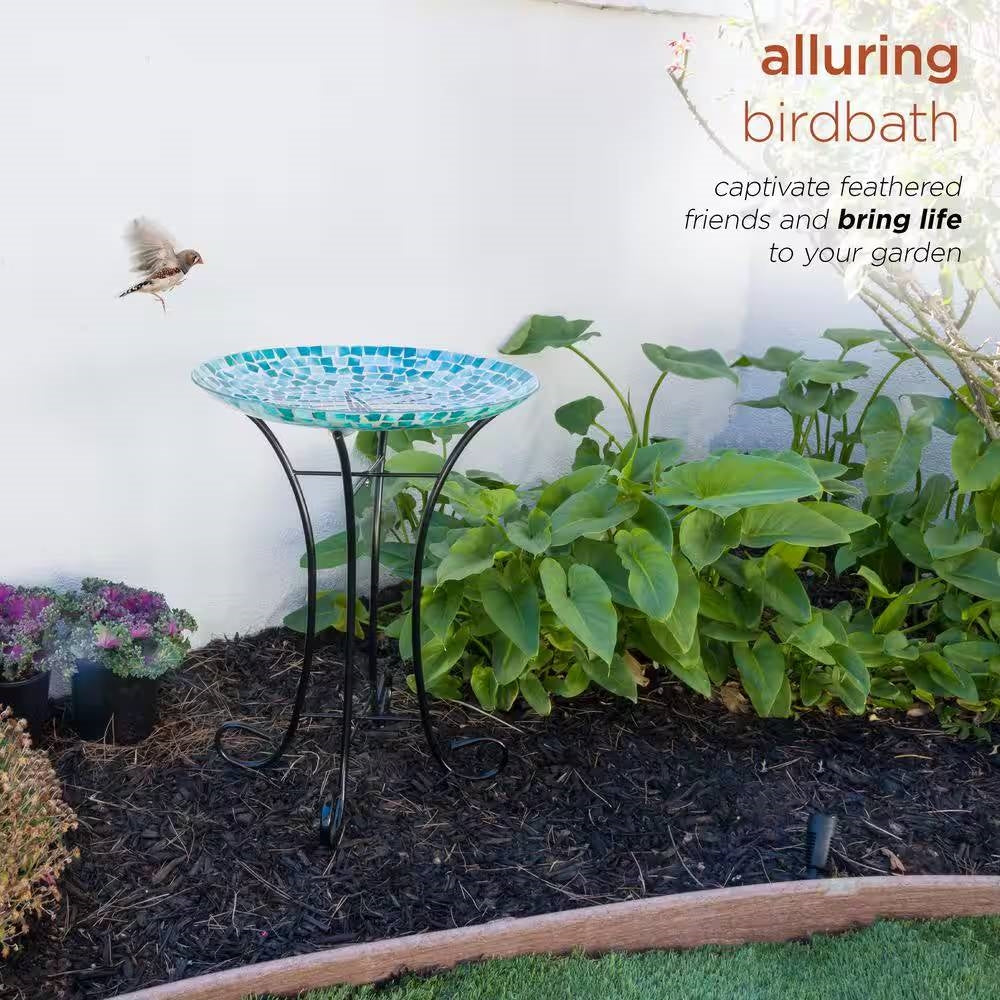 Teal Green Blue White Mosaic Glass Birdbath Bowl with Black Metal Stand