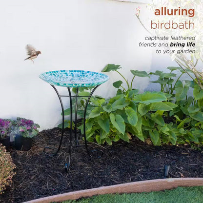 Teal Green Blue White Mosaic Glass Birdbath Bowl with Black Metal Stand