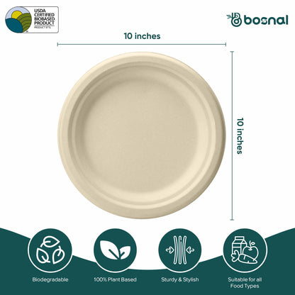 Bosnal - Sugarcane Bagasse Compostable Plates, 10 inch, Round