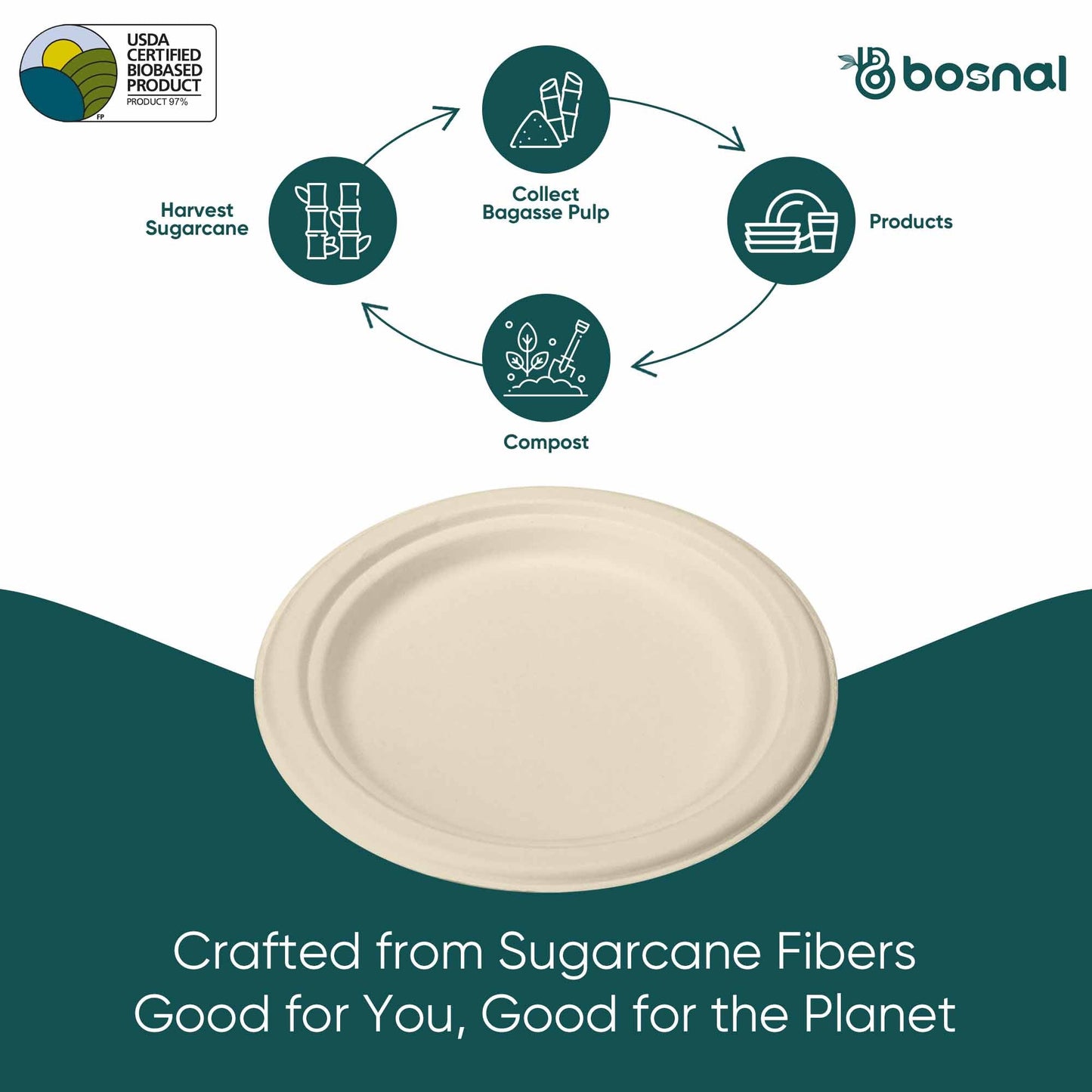 Bosnal - Sugarcane Bagasse Compostable Plates, 10 inch, Round