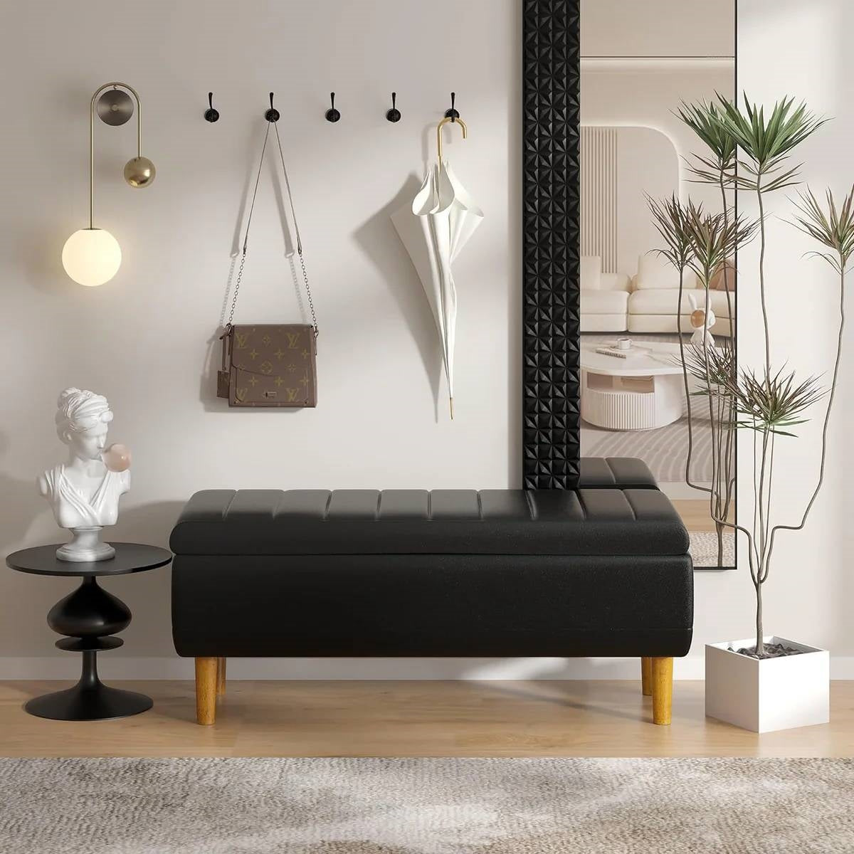 Modern Mid-Century Black Faux Leather End of Bed Storage Bench Ottoman