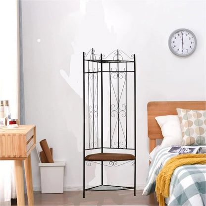 Black Metal Scrolling Corner Hall Tree Coat Rack Storage Bench