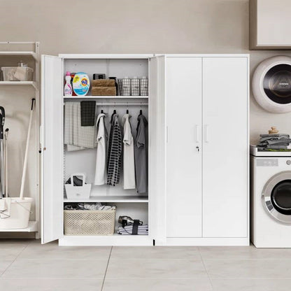 White Metal Locking Wardrobe Armoire Cabinet with Clothing Hanging Rod
