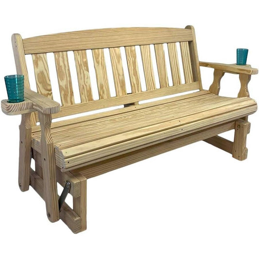 4ft Heavy Duty Unfinished Wood Porch Glider Bench with Cupholders - Made in USA