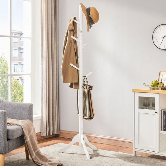 Modern Solid Wood Coat Rack in White Finish with 8 Hooks