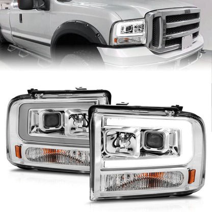 ANZO 99-04 Ford F250/F350/F450/Excursion (excl 99) Projector Headlights - w/Light Bar Chrome Housing 111552