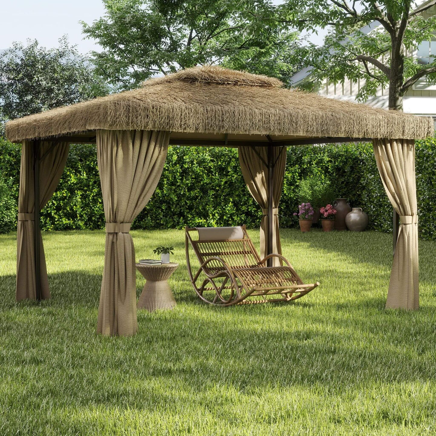 Alora Outdoor Double Canopy Aluminum Patio Gazebo With Hawaiian Thatch Roof (SAK39068)