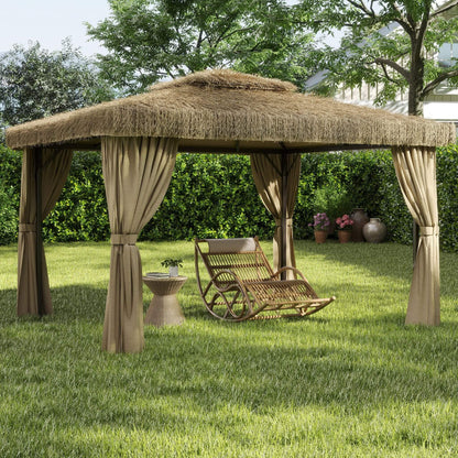 Alora Outdoor Double Canopy Aluminum Patio Gazebo With Hawaiian Thatch Roof (SAK39068)
