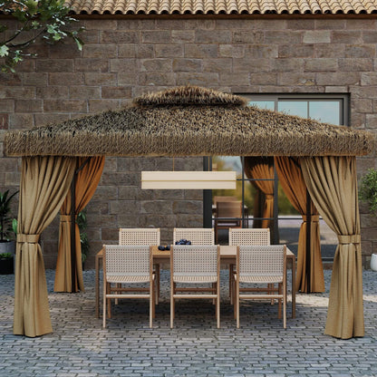 Alora Outdoor Double Canopy Aluminum Patio Gazebo With Hawaiian Thatch Roof (SAK39068)