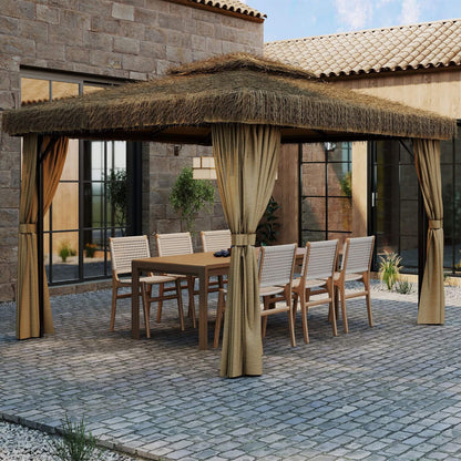 Alora Outdoor Double Canopy Aluminum Patio Gazebo With Hawaiian Thatch Roof (SAK39068)