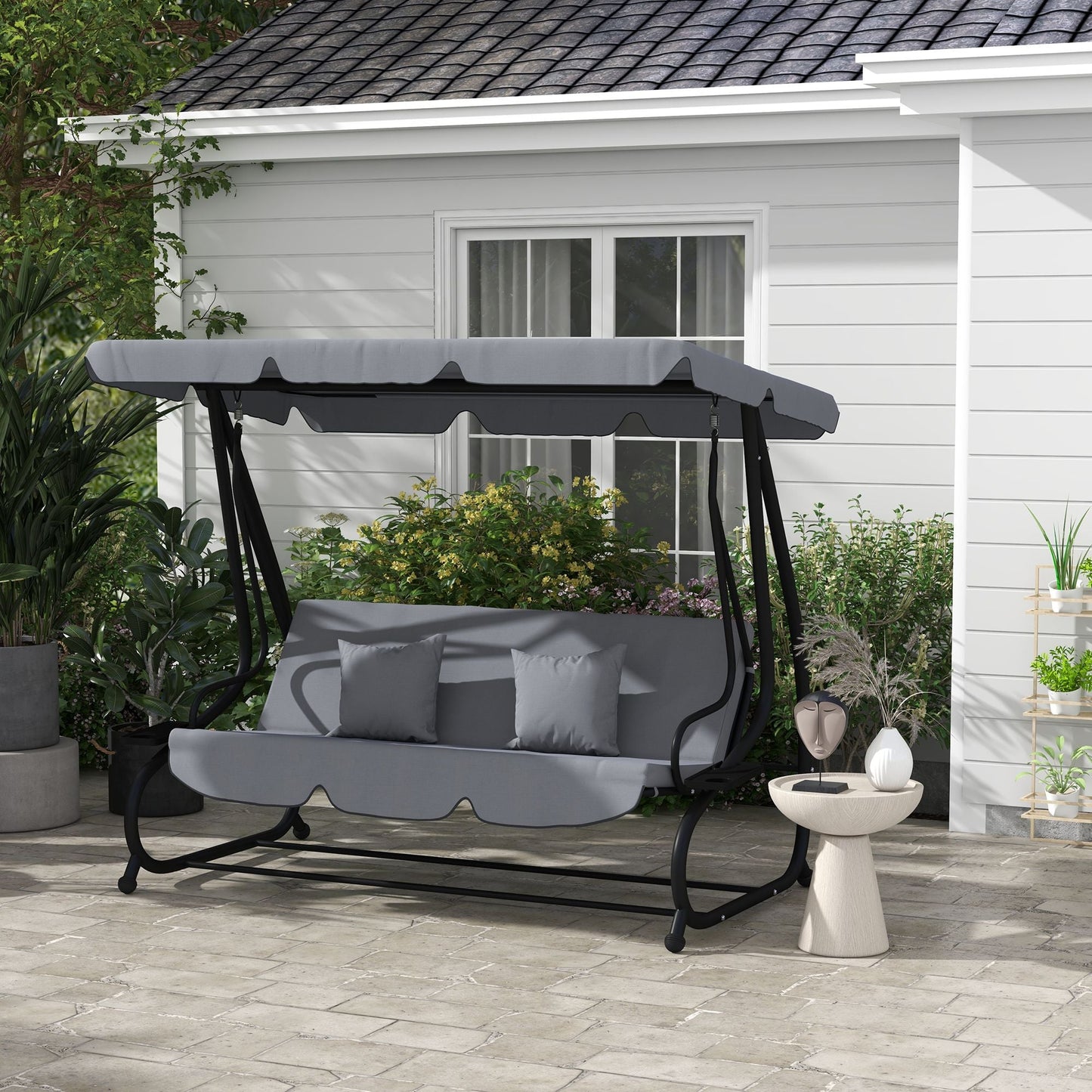 Swing Bench Free Standing Porch with Adjustable Canopy Cushion and Pillows