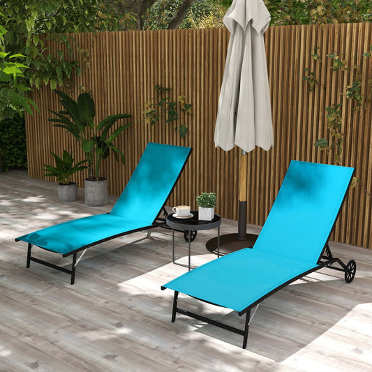 Outdoor Chaise Lounge 2PC, Wheels, 5 Adjustable Positions, Blue