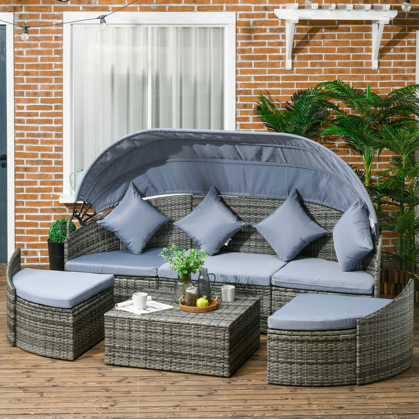 Rattan Daybed with Canopy, Convertible Sectional, Light Grey for Outdoor Use