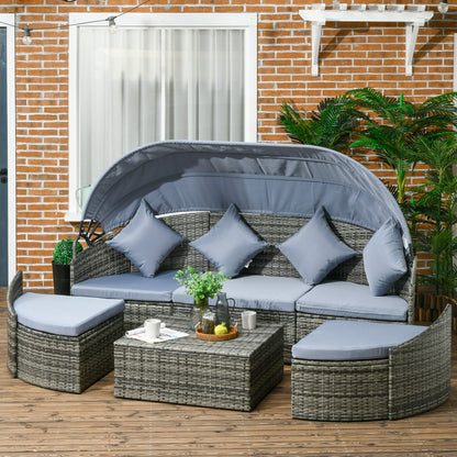 Rattan Daybed with Canopy, Convertible Sectional, Light Grey for Outdoor Use