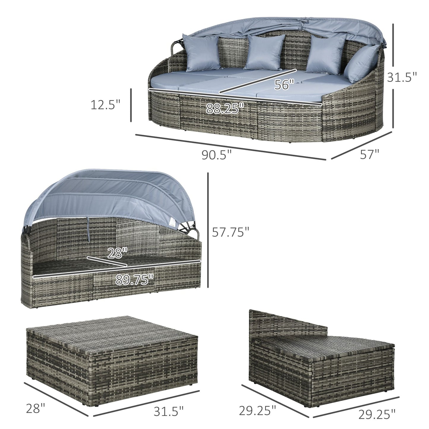 Rattan Daybed with Canopy, Convertible Sectional, Light Grey for Outdoor Use
