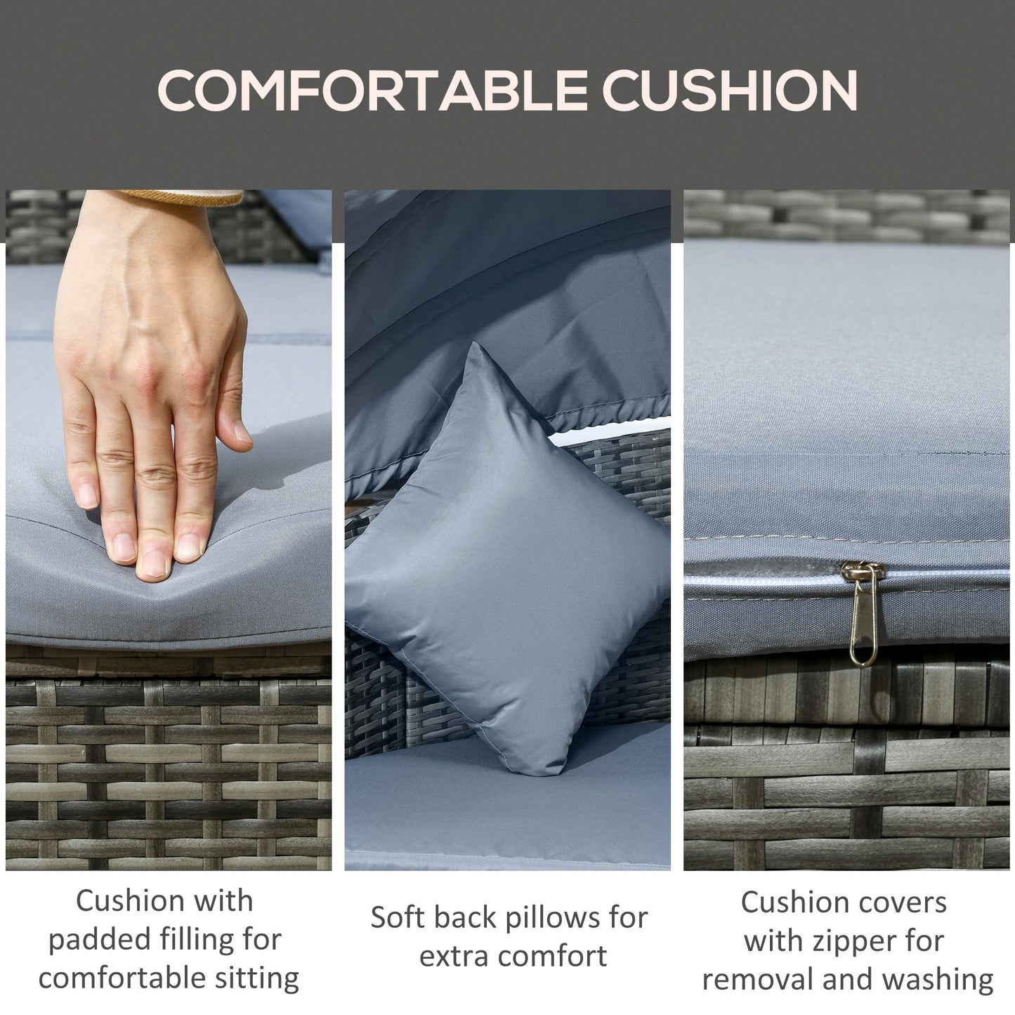 Rattan Daybed with Canopy, Convertible Sectional, Light Grey for Outdoor Use