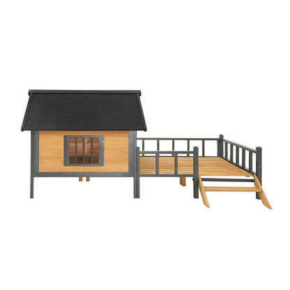 Unique All-Around Iron Frame,Outdoor Large Wooden Cabin House Style Wooden Dog Kennel with Porch