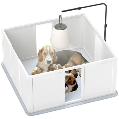PawHut Whelping Box for Dogs, Newborn Puppy Supplies with Retractable Light Stand, Waterproof Pee Pad, Adjustable Height Door for Small and Medium Breed Dogs, 39" x 38"