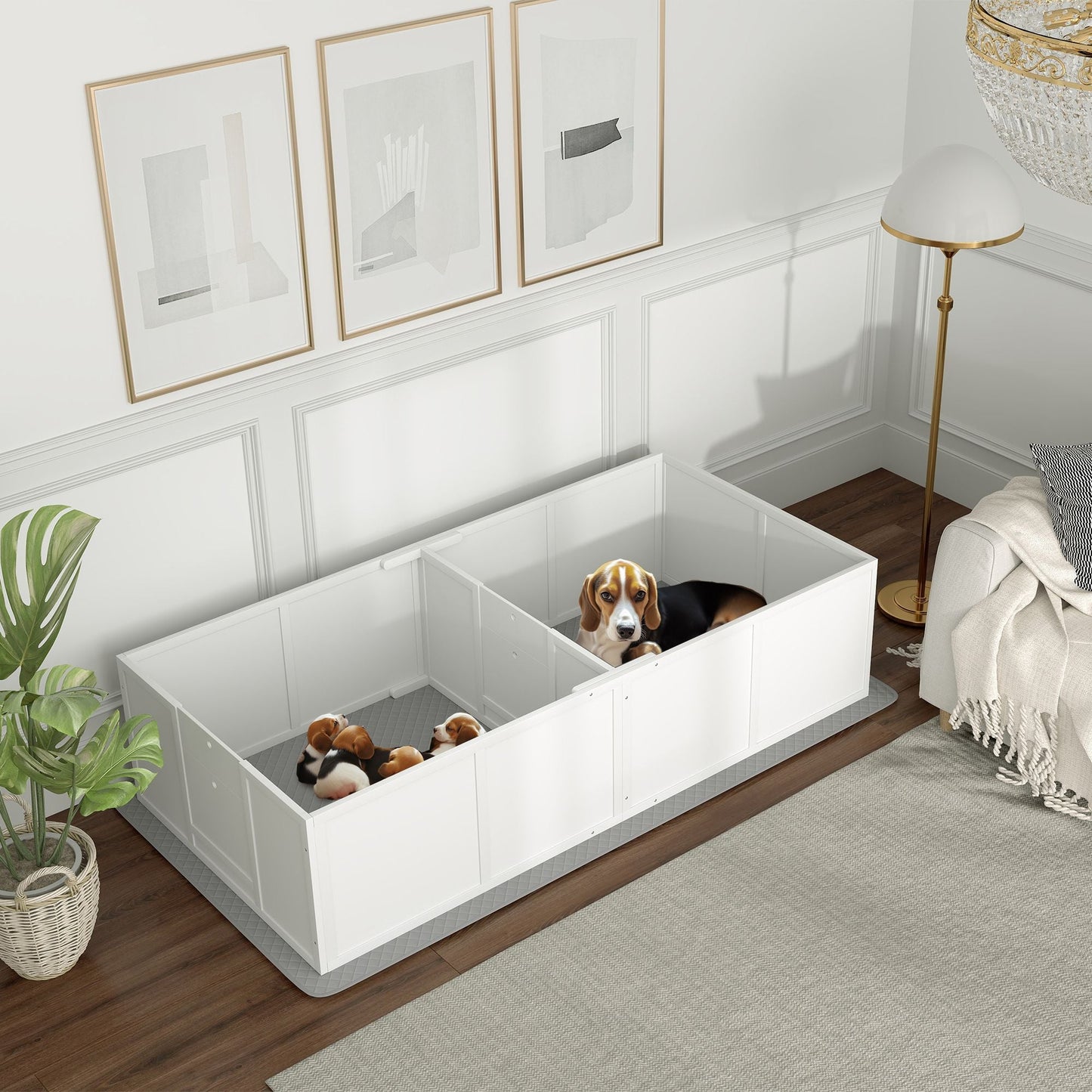 PawHut Whelping Box for Dogs and Puppies, Dog Whelping Box with Washable Waterproof Pee Pad & Adjustable Door for Medium and small Dogs, White, 77" x 38" x 19"