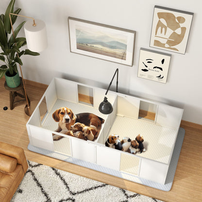 PawHut Whelping Box for Dogs, Newborn Puppy Supplies with Retractable Light Stand, Waterproof Pee Pad, Adjustable Height Door for Small and Medium Breed Dogs, 77" x 38"