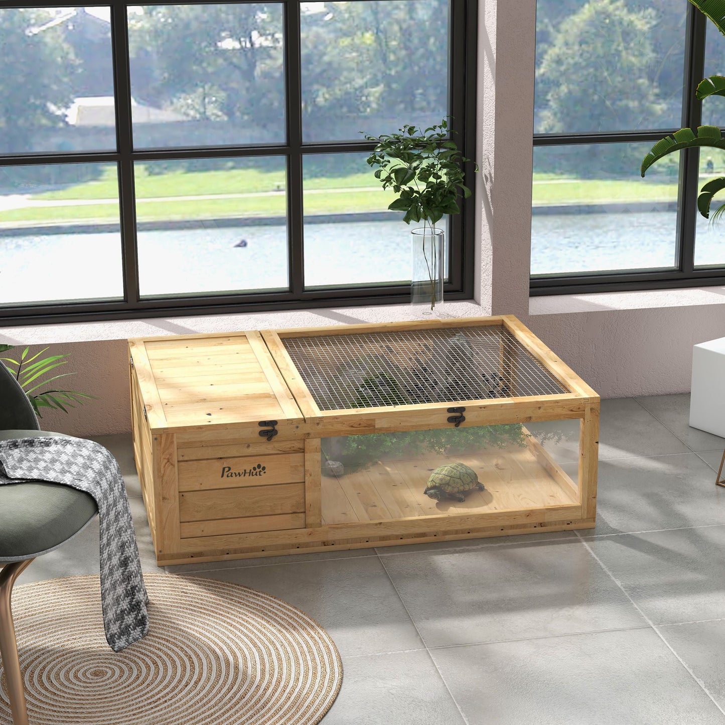 PawHut Wooden Tortoise House Indoor Turtle Habitat Enclosure Outdoor Reptile Cage for Lizards, Geckos, Yellow