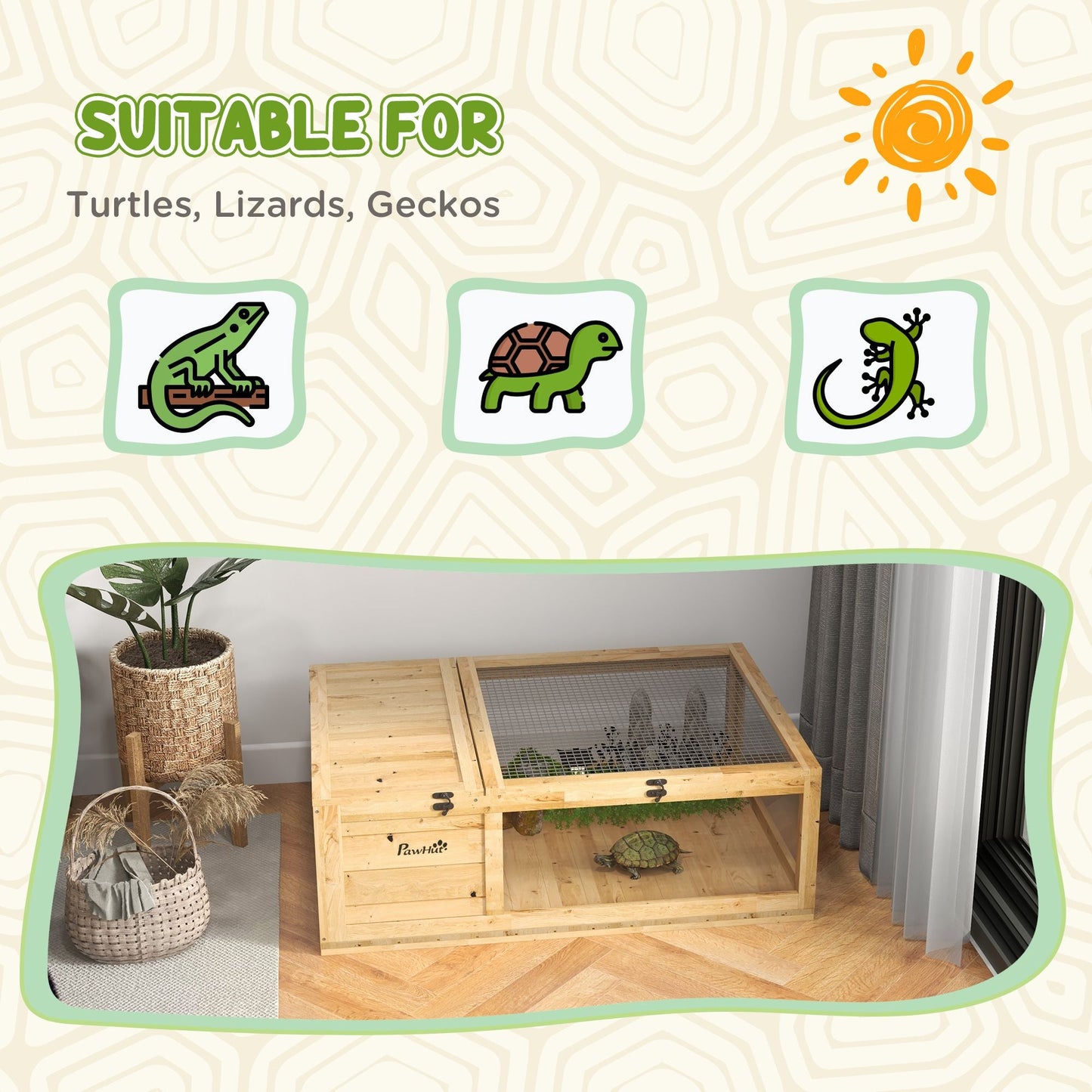 PawHut Wooden Tortoise House Indoor Turtle Habitat Enclosure Outdoor Reptile Cage for Lizards, Geckos, Yellow