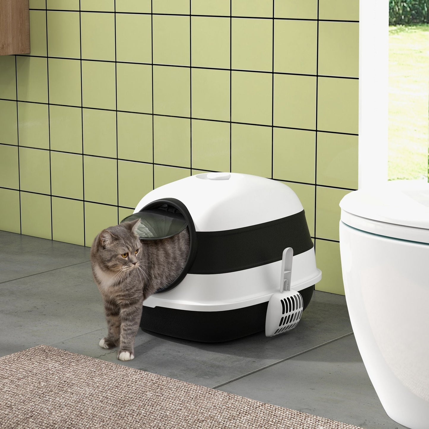PawHut Cat Litter Box with Lid, Covered Litter Box w/ High Sides, Air Freshener, Large Two-Way Entrance Kitty Litter Box, Foldable, Easy Clean, White, and Black