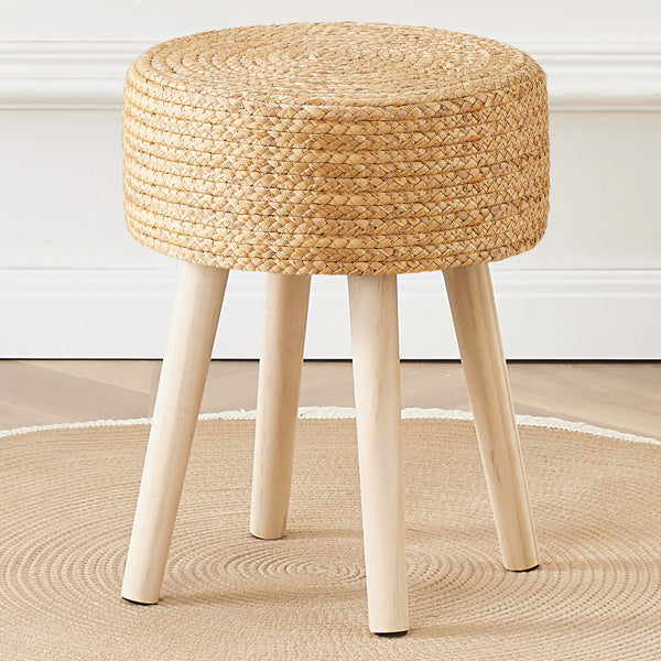 Round Ottoman Footstool Natural Seagrass Foot Stool Pouf Ottomans with Solid Wood Legs Hand Weave Hyacinth Footrest Step Stool for Living Room Balcony Garden