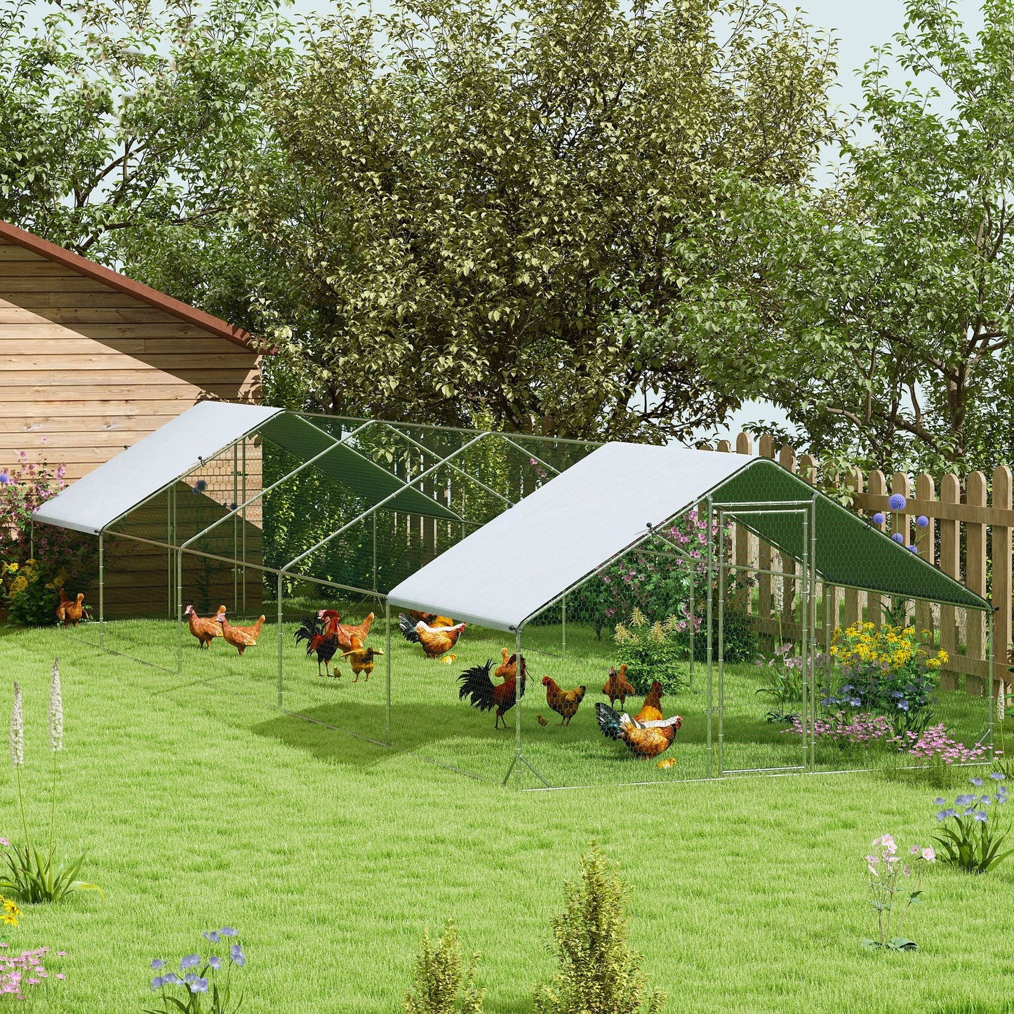 Large Chicken Coop with Waterproof and Anti-UV Cover, Spire Shaped for Outdoor and Yard Farm Use, 9.8' x 32.8' x 6.4'