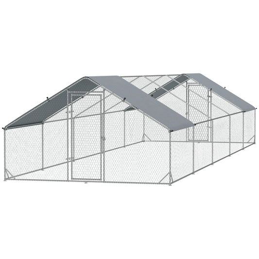 Large Chicken Coop with Waterproof and Anti-UV Cover, Spire Shaped for Outdoor and Yard Farm Use, 9.8' x 32.8' x 6.4'