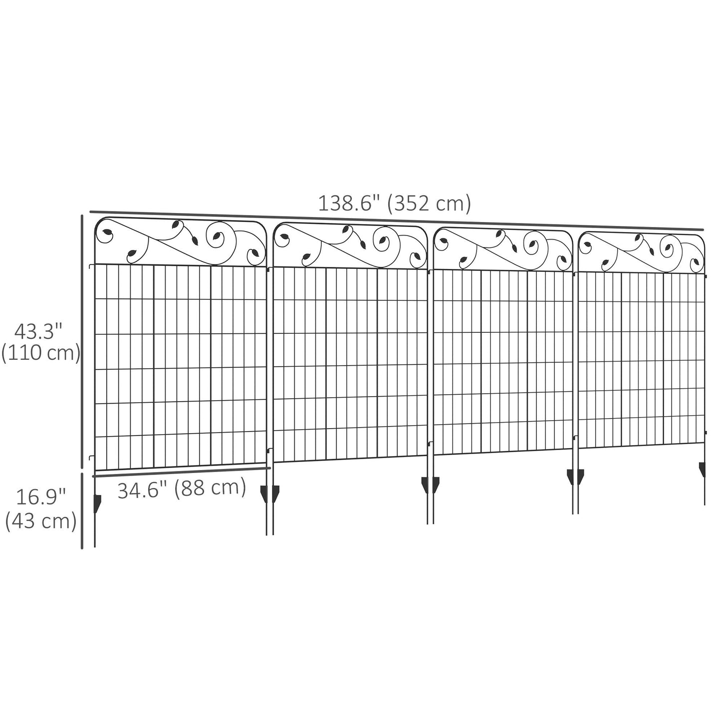 Outdoor Metal Garden Fence Panels, Animal Barrier & Border Edging for Yard, Patio, 4 Pack, Square Vines