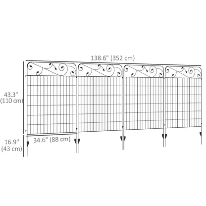 Outdoor Metal Garden Fence Panels, Animal Barrier & Border Edging for Yard, Patio, 4 Pack, Square Vines