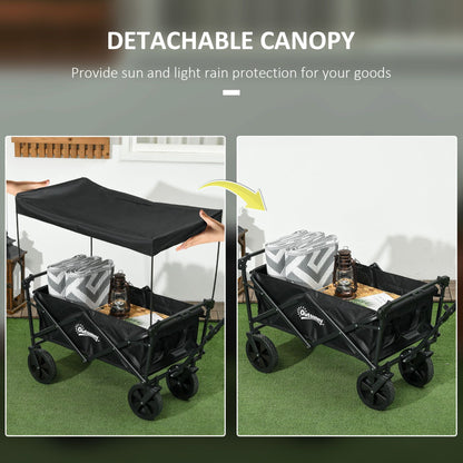 Steel Frame Folding Garden Cart, Collapsible Wagon Cart with Removable Canopy, Telescopic Handle and Carrying Bag