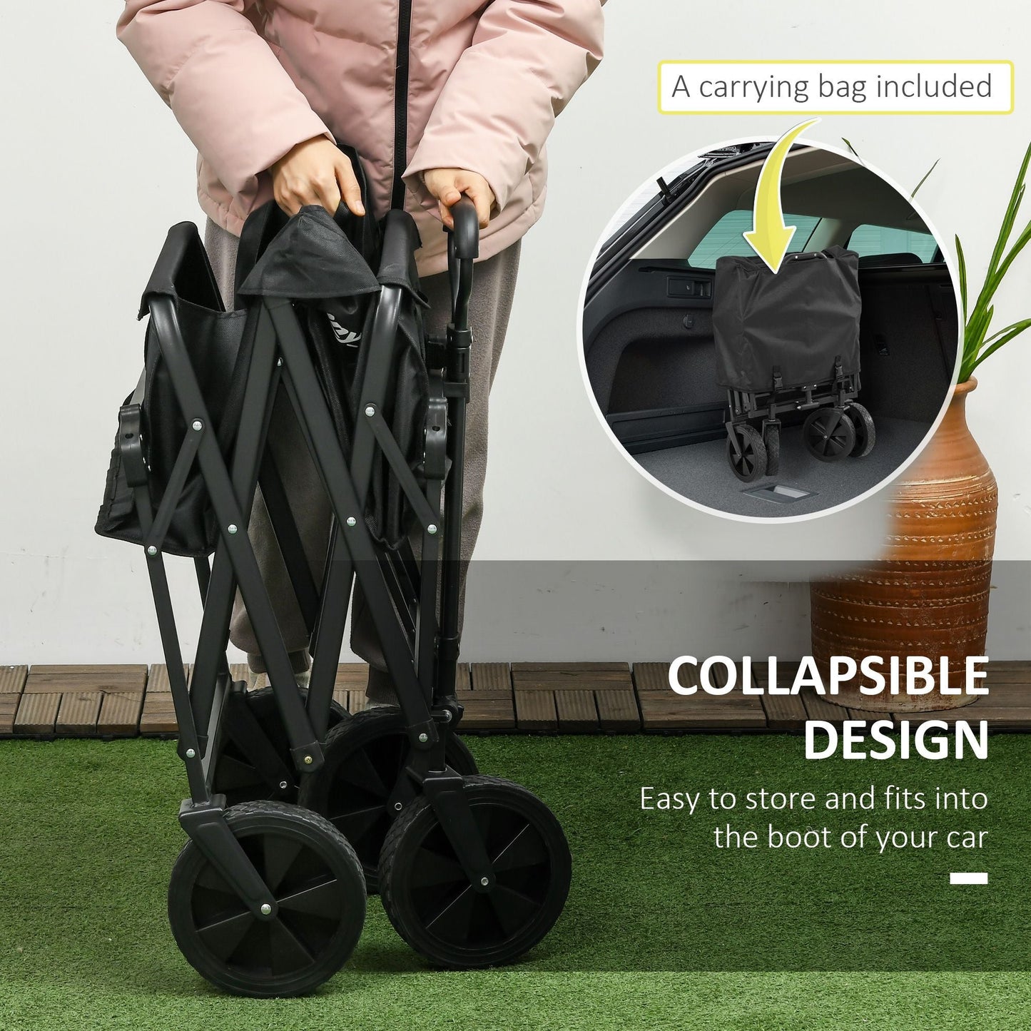 Steel Frame Folding Garden Cart, Collapsible Wagon Cart with Removable Canopy, Telescopic Handle and Carrying Bag