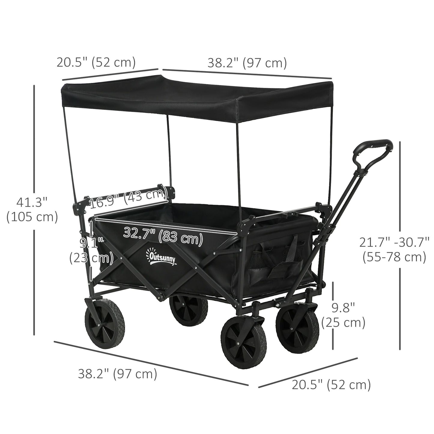 Steel Frame Folding Garden Cart, Collapsible Wagon Cart with Removable Canopy, Telescopic Handle and Carrying Bag