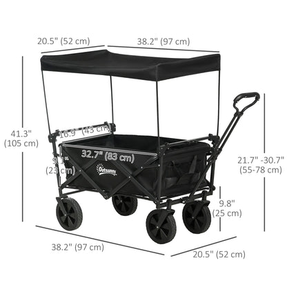 Steel Frame Folding Garden Cart, Collapsible Wagon Cart with Removable Canopy, Telescopic Handle and Carrying Bag