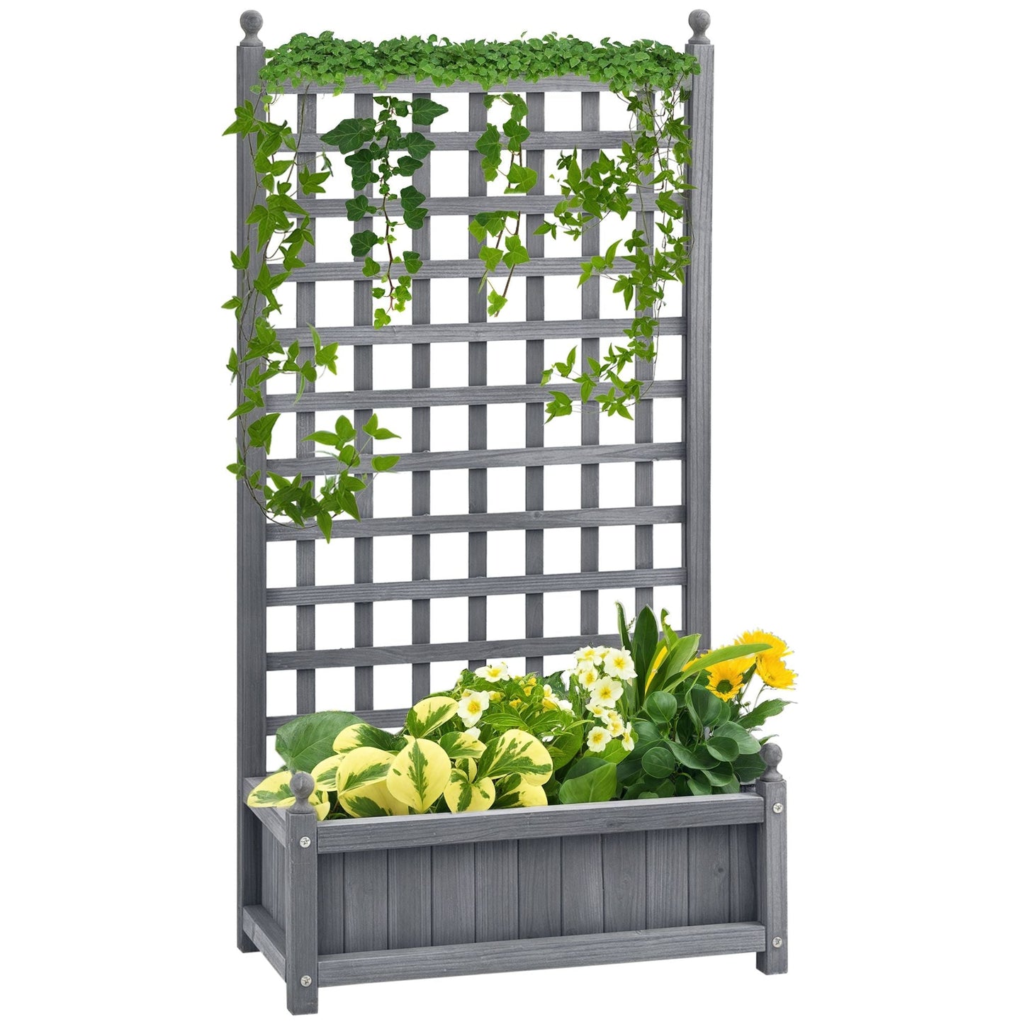 Raised Garden Bed with Trellis for Climbing Vines, Wood Planter Box for Garden, Free Standing Flower Bed, Indoor Outdoor Display Rack, 25.2" x 11" x 47.2", Grey