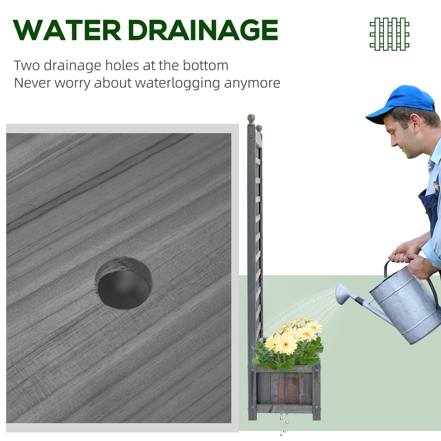 Raised Garden Bed with Trellis for Climbing Vines, Wood Planter Box for Garden, Free Standing Flower Bed, Indoor Outdoor Display Rack, 25.2" x 11" x 47.2", Grey